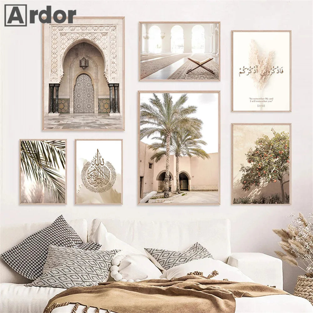 Morocco Architecture Islam Canvas Art Print Beige Flower Palm Tree Painting Ayatul Kursi Muslim Poster Wall Pictures Home Decor