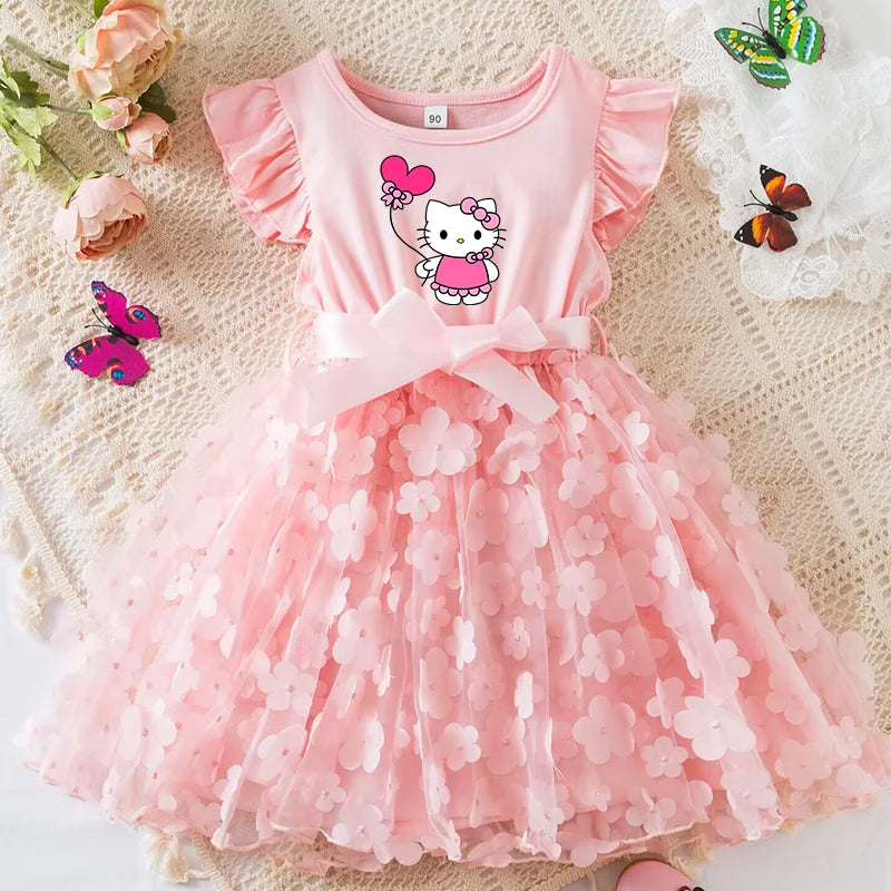 Hello Kitty Girls Summer Dress Cartoon Bow Tutu Dress 3D Butterfly Cute Cotton Party Casual Dress for Baby 2-6 Years