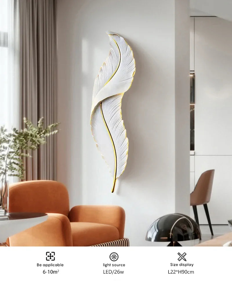 Nordic feather wall lamp, living room, bedroom, headboard, foyer, creative feather lamp, resin aisle, minimalist background ligh