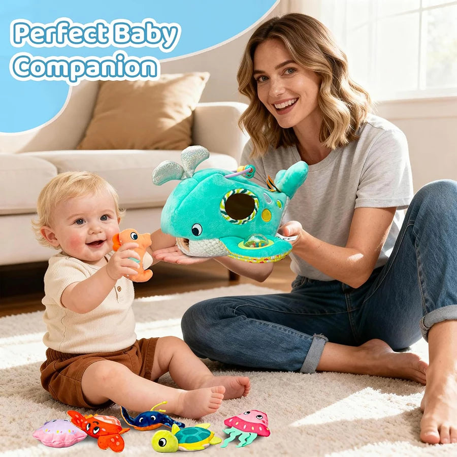 Baby Toys 6-12 Months Soft Baby Beehive with 5 Sensory Bee Rattle Mirror Crinkle Squeaker Busy Montessori Soft Toy for Toddlers