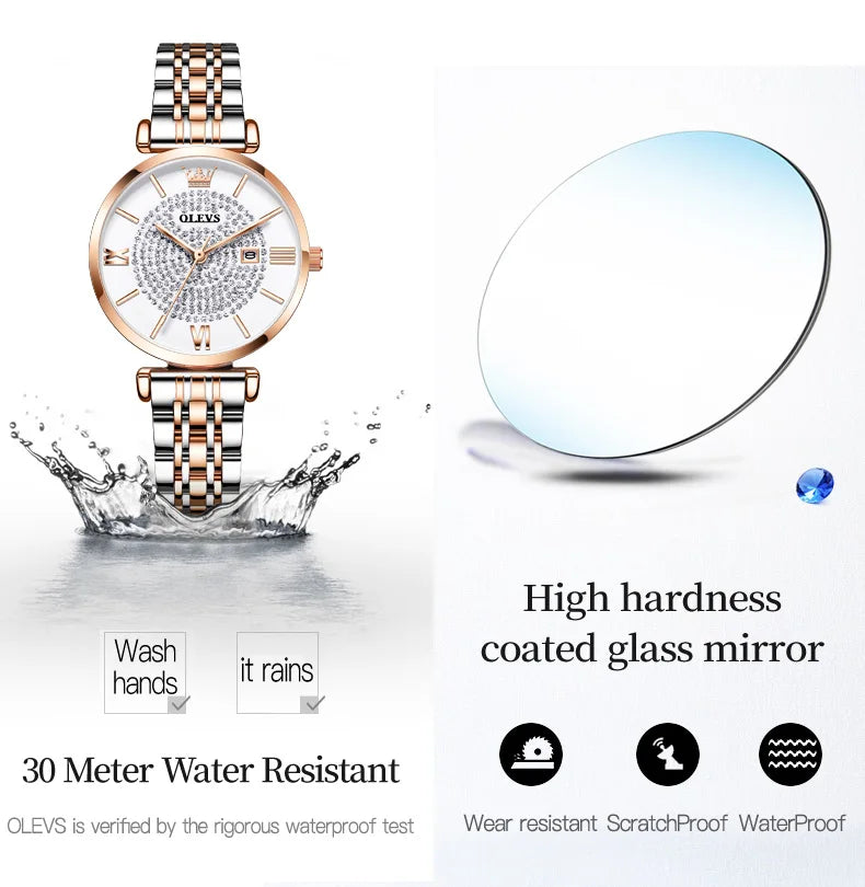 OLEVS 6892 Women's Watches Elegant Fashion Original Wristwatch Waterproof Stainless Steel Mesh Belt Luminous Inlaid Zircon