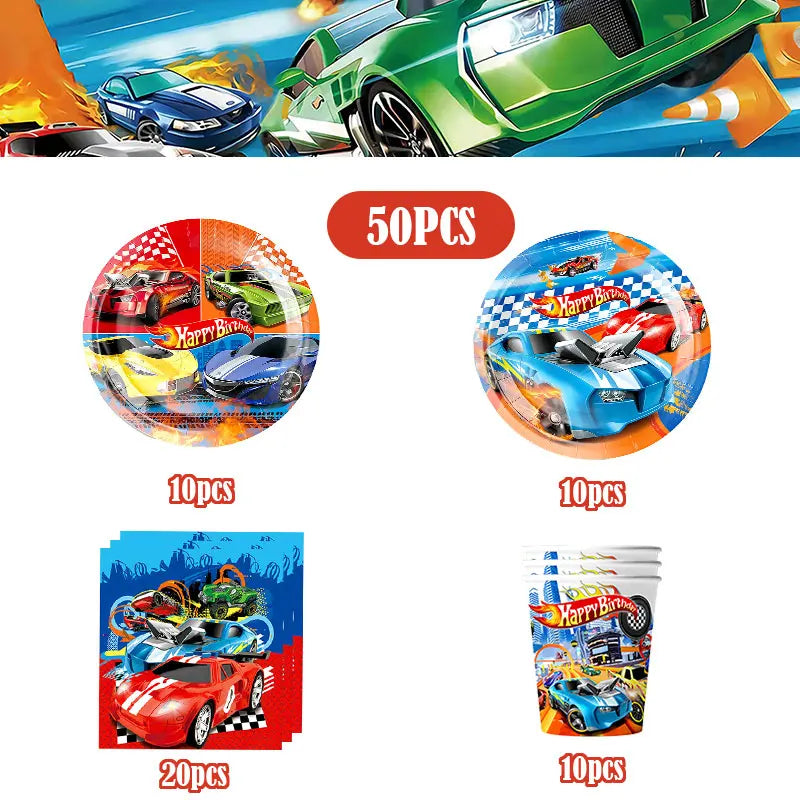 Happy Wheels Birthday Birthday Party Supplies Hot Race Car Theme Tableware Set Cups Plates Balloons Gift Bags for Kids Boys ﻿