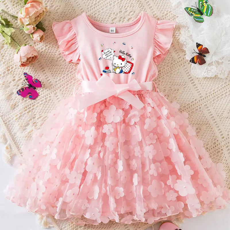 Hello Kitty Girls Summer Dress Cartoon Bow Tutu Dress 3D Butterfly Cute Cotton Party Casual Dress for Baby 2-6 Years