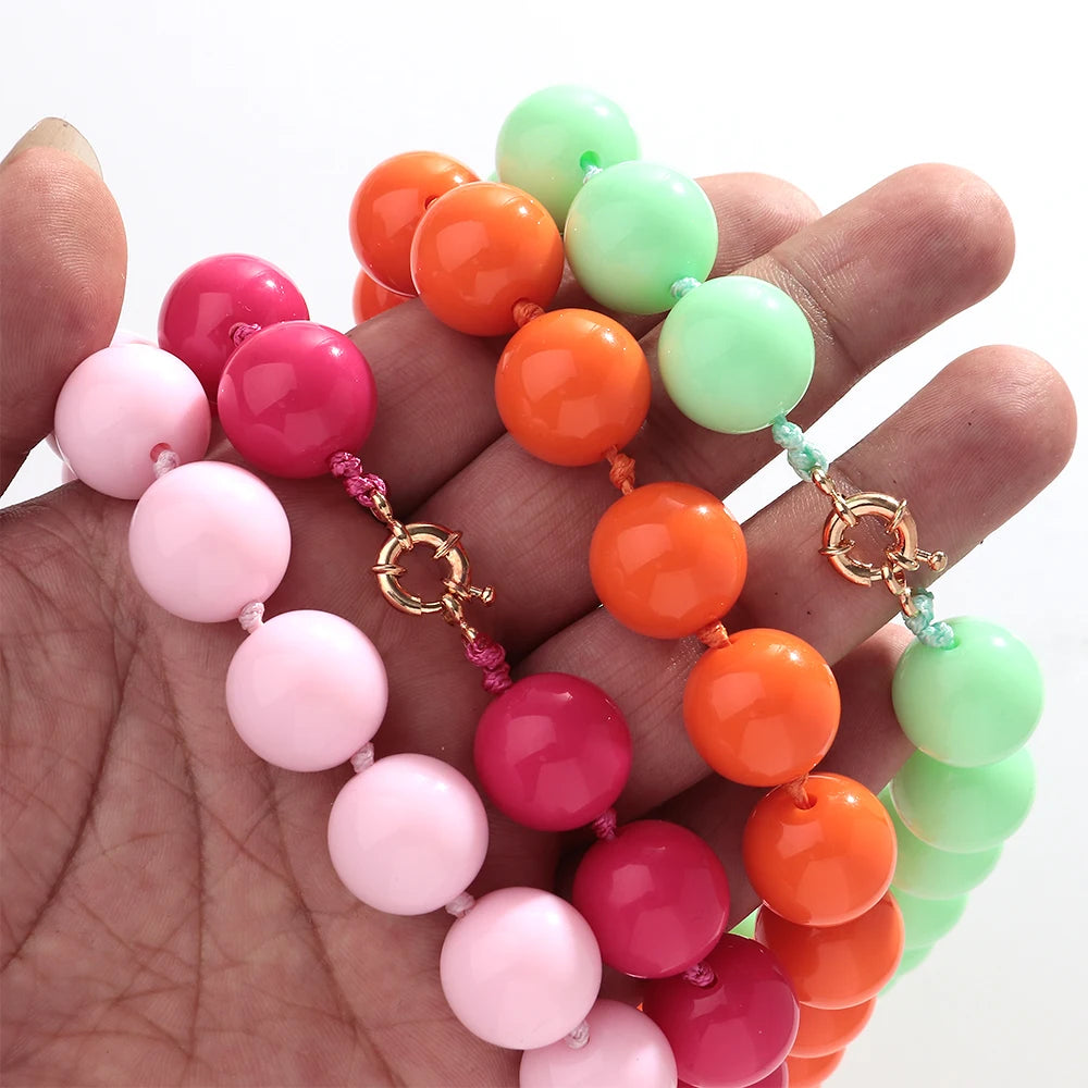 New Retro Colorful Acrylic Big Round Beads Choker Boho Trendy Handmade Knot Rope Necklaces for Women Man Statement Jewelry Gift