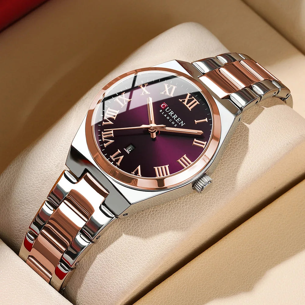 CURREN Fashionable Quartz Watches for Women Roman Numerals Simple Elegant Stainless Steel Braclete Ladies Wristwatch