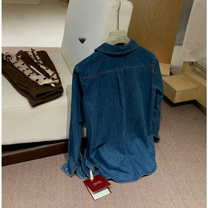 Retro Washed Denim Shirt with  Logo Classic Preppy Style Long Sleeve Women's Casual Fashion Autumn Season Button Closure