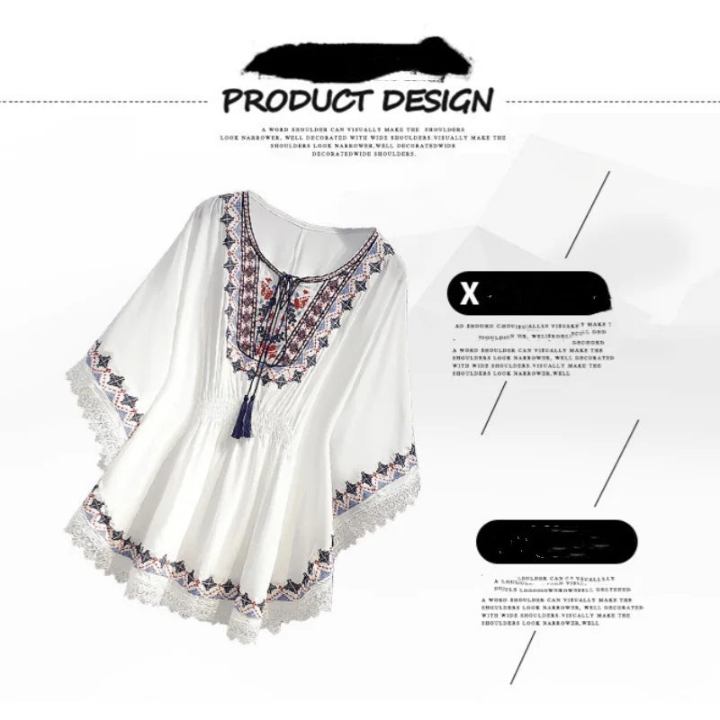 Women Summer Tees Retro Boho Style Embroidery Blouses Cloak Top Loose Cotton Lace Hem Bat sleeve Kimono Shirts Blusa Feminina