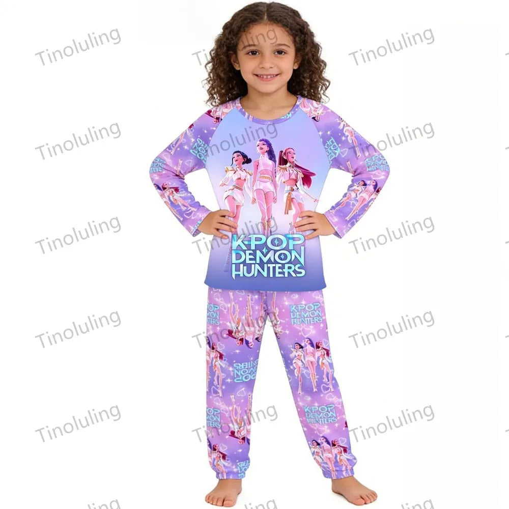 KPop Demon Hunters Huntrix Kids Pajamas Set Long Sleeve Girls Clothing 2pcs Children's Sleepwear Cartoon Boys Nightwear 3-14Y