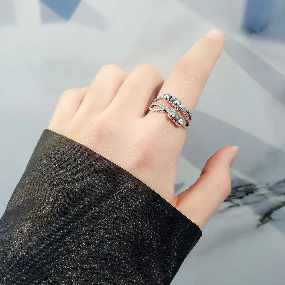 Vintage Round Beads Rotating Anti Stress Ring For Women Twisted Fidget Metal Spinner Anxiety Relief Spinning Ring Bague Femme