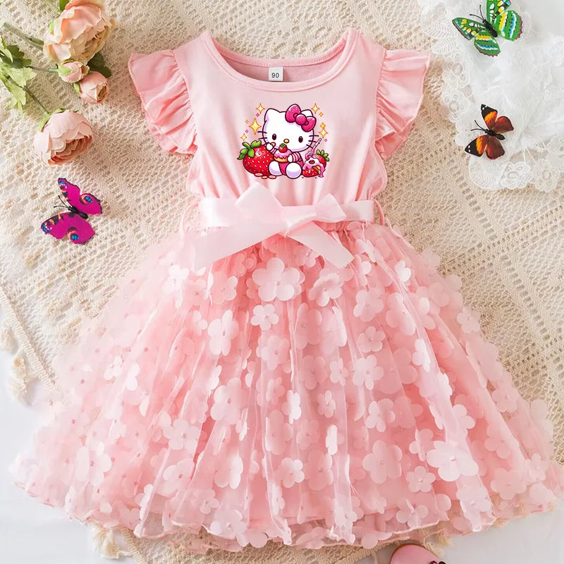 Hello Kitty Girls Summer Dress Cartoon Bow Tutu Dress 3D Butterfly Cute Cotton Party Casual Dress for Baby 2-6 Years