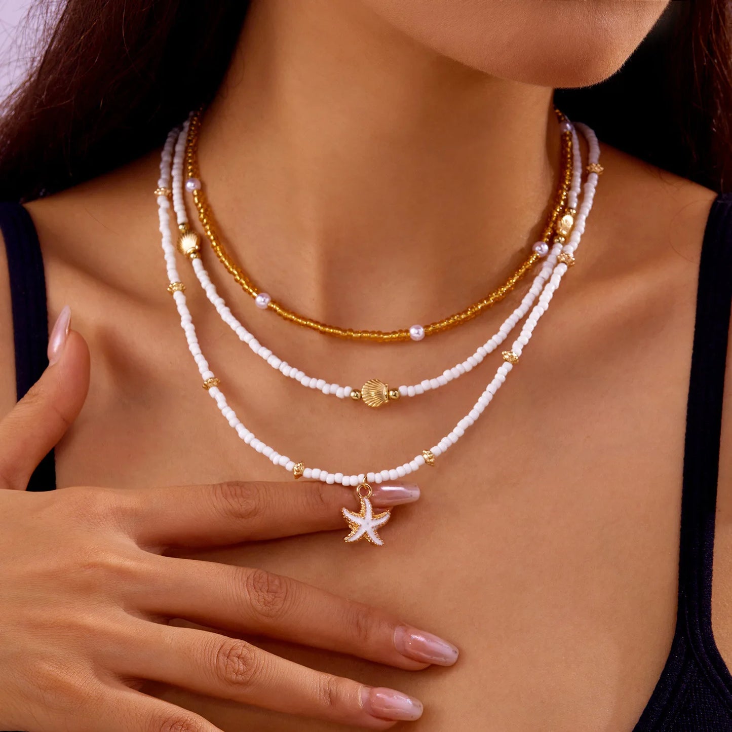 Vintage Women's Multi-layer Stacked Handmade Seed Bead Choker Trendy Starfish Shell Pendant Necklace Summer Beach Party Jewelry