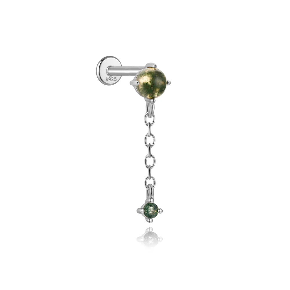 AIDE Water Grass Agate 925 Sterling Silver Flat Head Thread Piercing Earring Green Moss Piercing Ear Bone Earring Jewelry 1pc