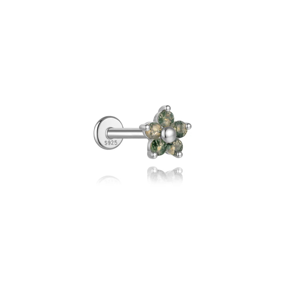 AIDE Water Grass Agate 925 Sterling Silver Flat Head Thread Piercing Earring Green Moss Piercing Ear Bone Earring Jewelry 1pc