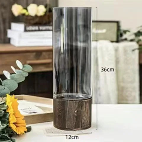 Vases Simple European Hydroponic Plant Household Living Room Table  Inserted Flower Wood Base Transparent Glass Vase Home Decor