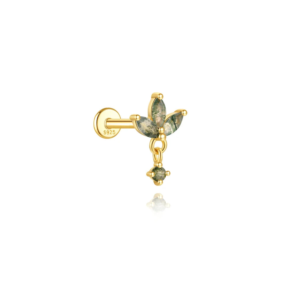 AIDE Water Grass Agate 925 Sterling Silver Flat Head Thread Piercing Earring Green Moss Piercing Ear Bone Earring Jewelry 1pc