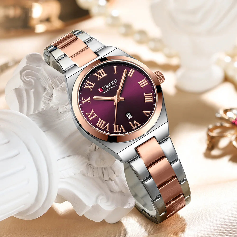 CURREN Fashionable Quartz Watches for Women Roman Numerals Simple Elegant Stainless Steel Braclete Ladies Wristwatch