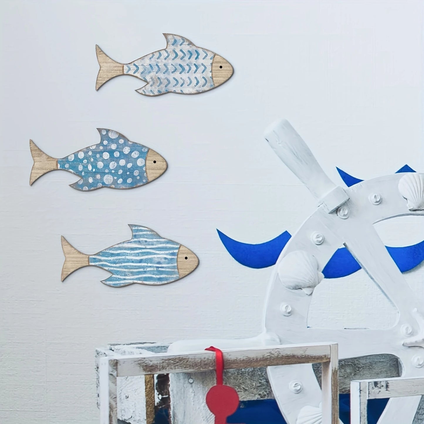 2D Wooden Fish Nautical Walls Beach Art Walls Hang Decorated Marine Themed Retro blue Fish Family Bathroom Pendants Gifts