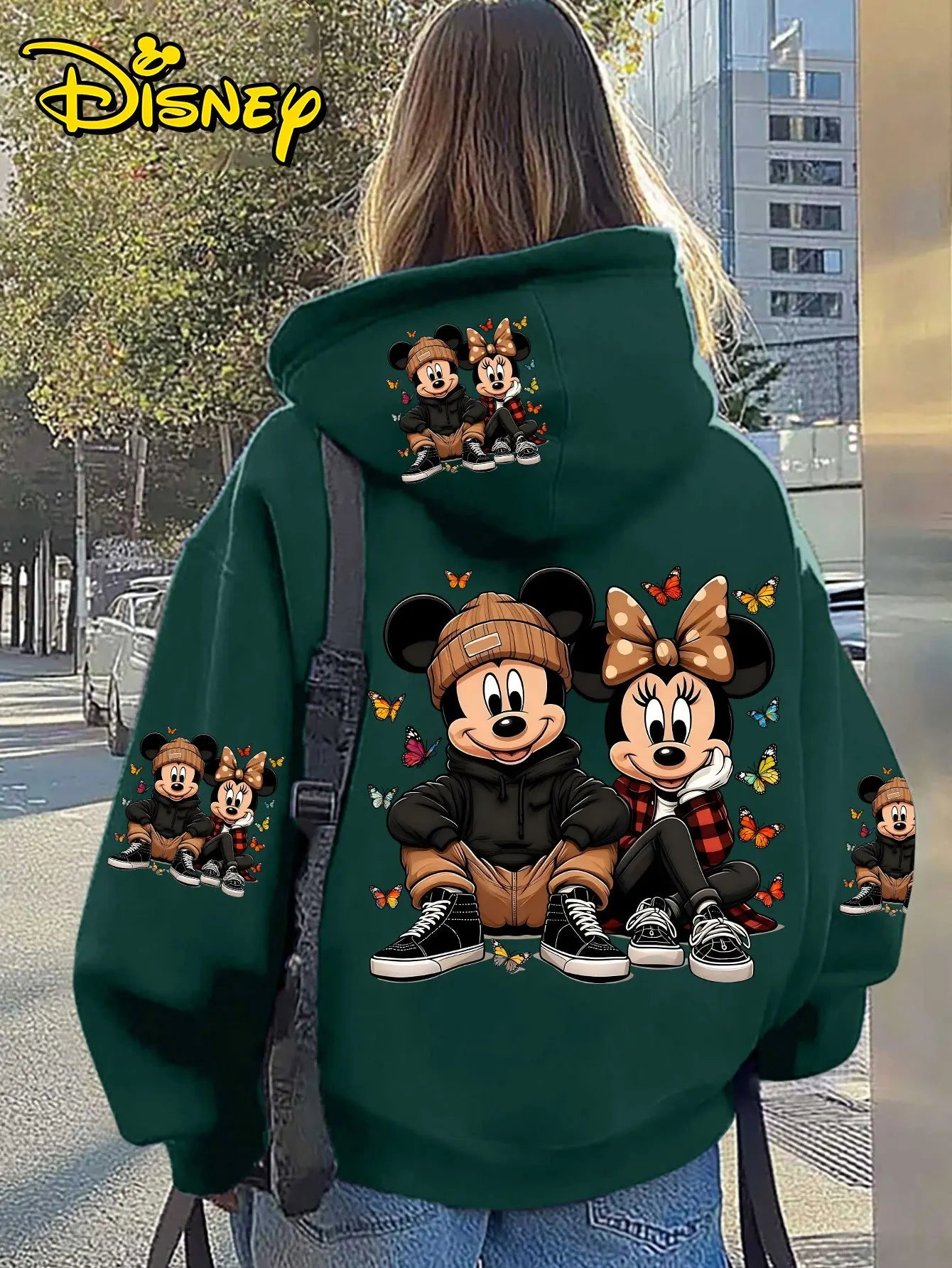 Unisex Disney Cotton Fleece Hoodie Black Color with Mickey Minnie Sitting Pose and Colorful Butterflies Back Print Loose Fit