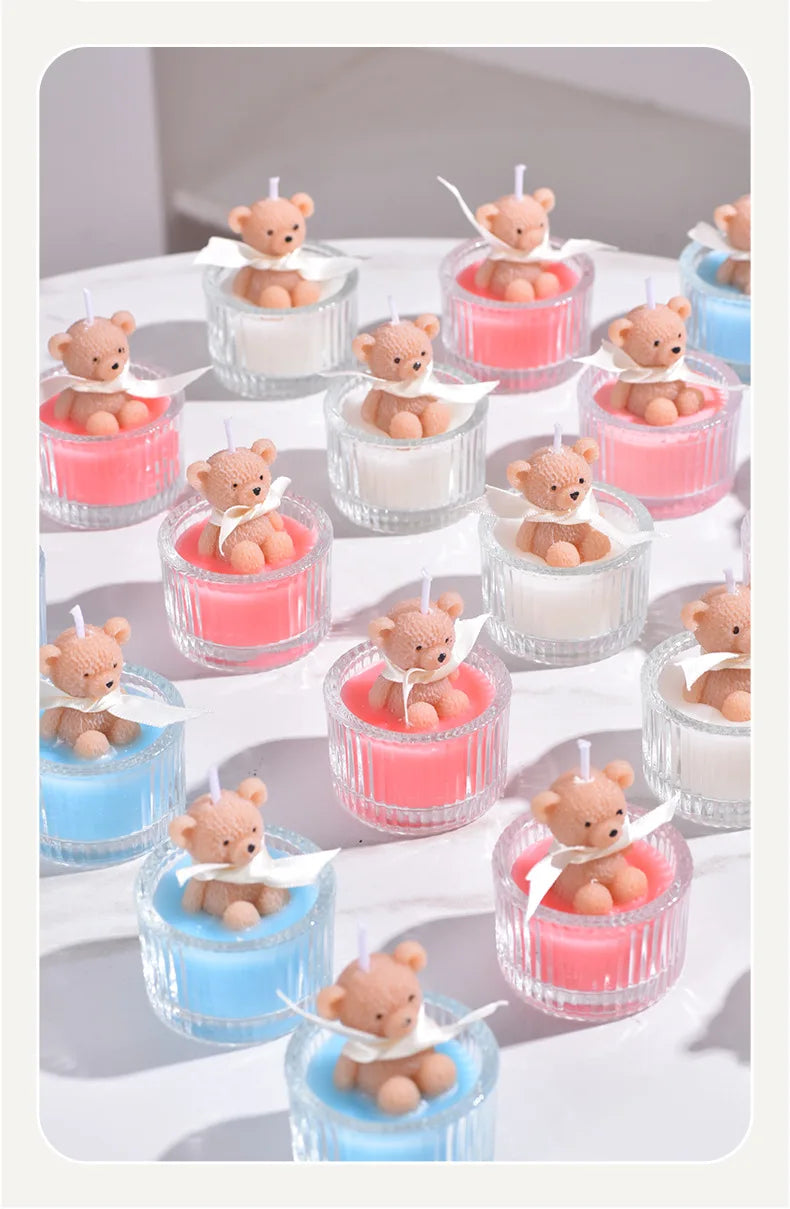 Scented Luxury Teddy Bear Soy Candle in Glass Jar with Ribbon, Creamy Pastel Gifts for Women, Bridal Shower & Holiday Favors