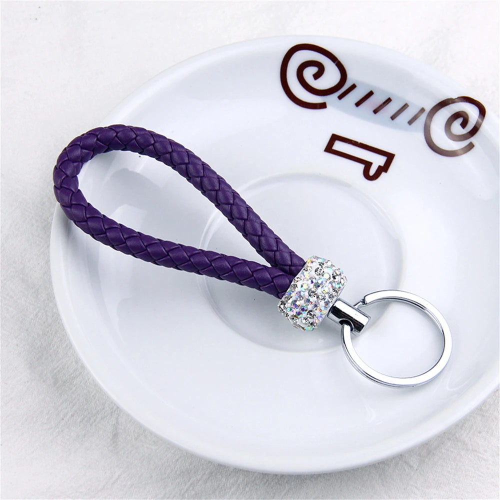 Creative Hand Woven Leather Car Keychain With Diamond Women Men Wallet Backpack Charm Bling Crystal Rope Keyring For Couple Gift