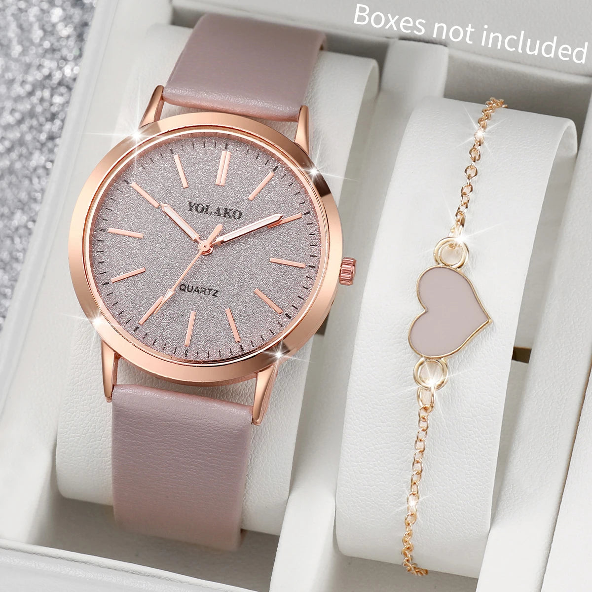 2PCS/Set Fashion Women Quartz Watch Casual Leather Strap Ladies Wrist Watches Heart Bracelet Set Reloj Mujer (Without Box)