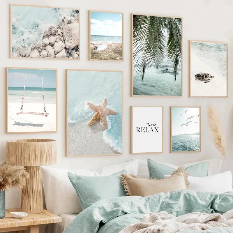 Beach Sea Ocean Canvas Wall Art Poster Bridge Leaves Turtle Seagull Print Painting Vibrant Summer Picture Nordic Home Decoration