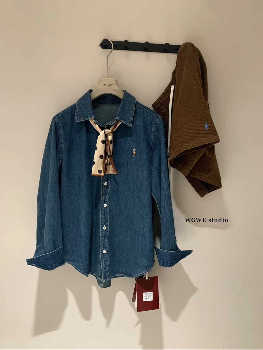 Retro Washed Denim Shirt with  Logo Classic Preppy Style Long Sleeve Women's Casual Fashion Autumn Season Button Closure
