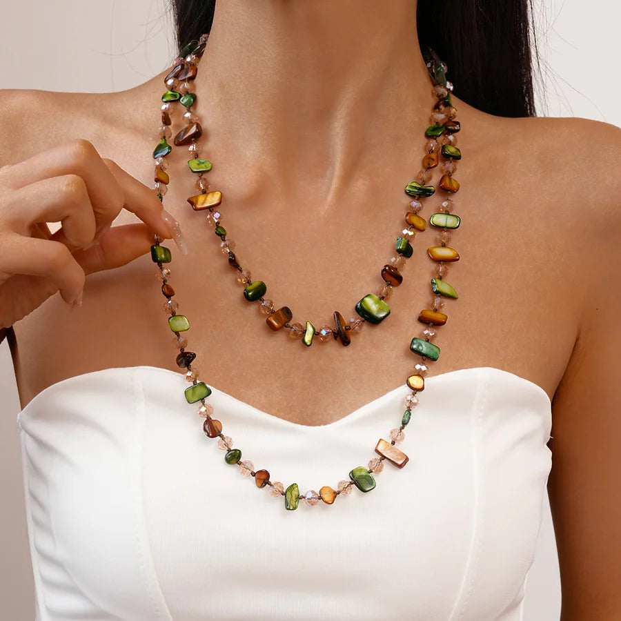 Boho Double-layer Shell Long Necklace for Women Vintage Irregular Beads Necklace Female Summer Vacation Jewelry Holiday Gifts