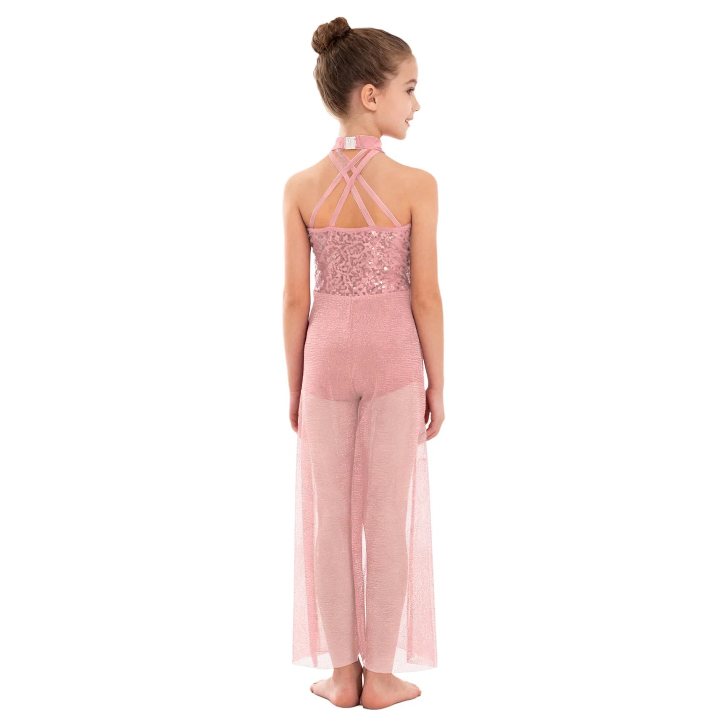 Children Girls Modern Lyrical Dance Jumpsuit Sleeveless Shiny Sequin Mesh Split Ballet Figure Skating Gymnastic Leotard Bodysuit