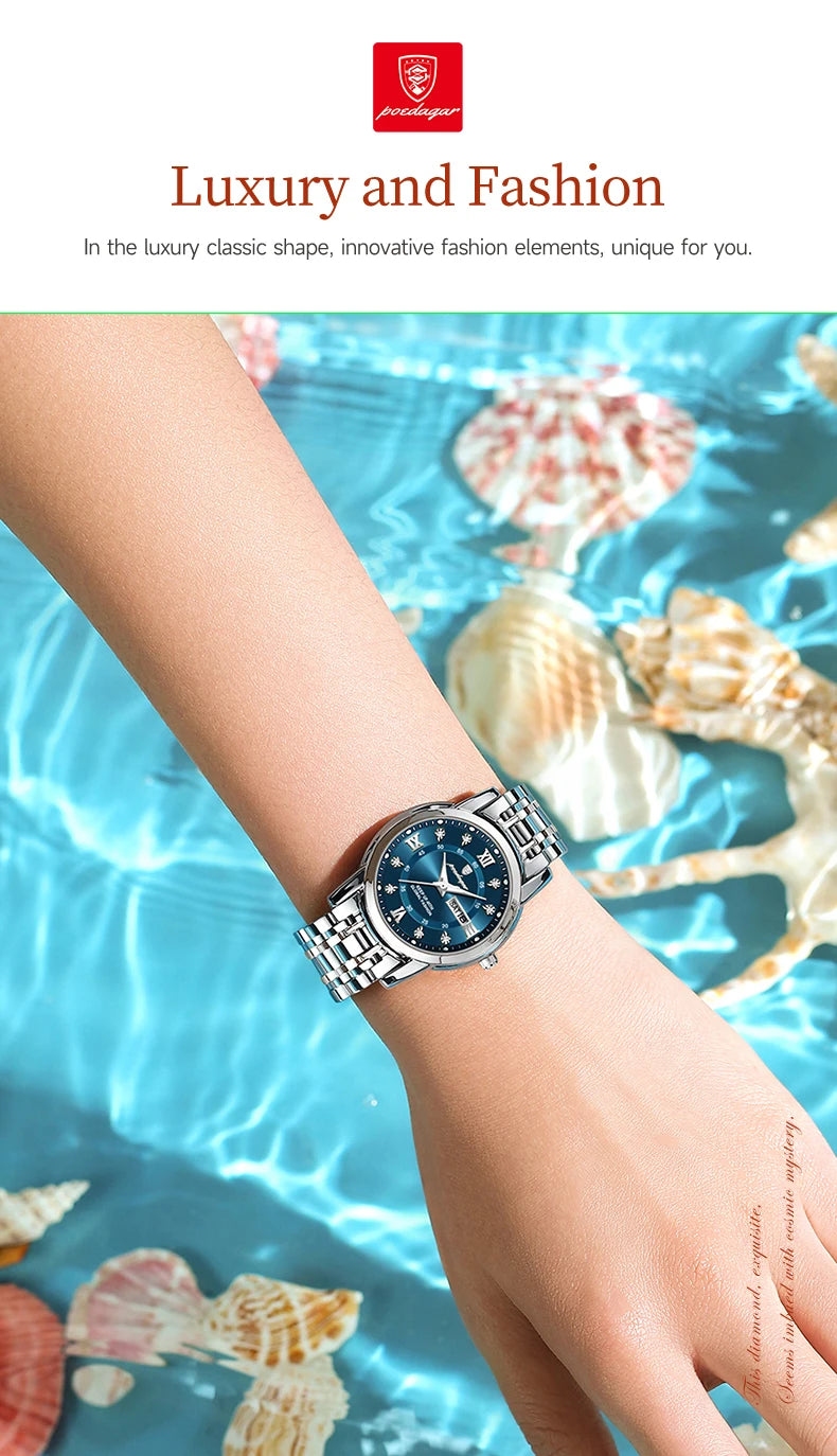 POEDAGAR Luxury Women Wristwatch Waterproof Luminous Date Week Women's Watches Stainless Steel Elegant Dress Quartz Ladies Watch