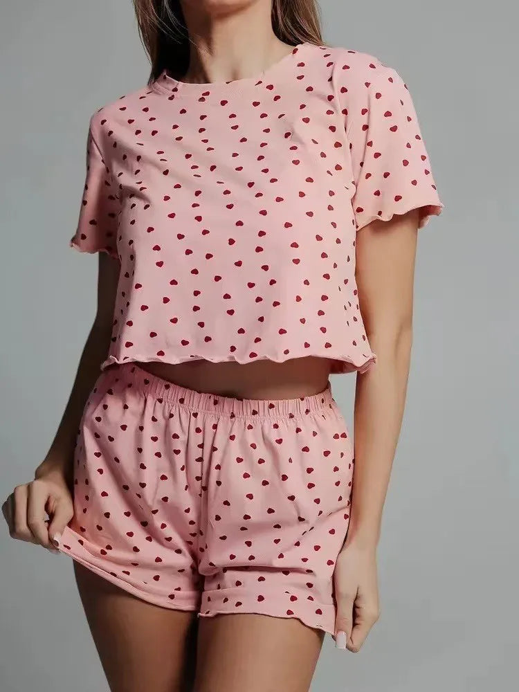 Womens Cute Heart Print Pajama Set Two Piece Short Sleeve Crop Top Ruffle Shorts Sleepwear Loungewear Casual Summer Nightwear ﻿