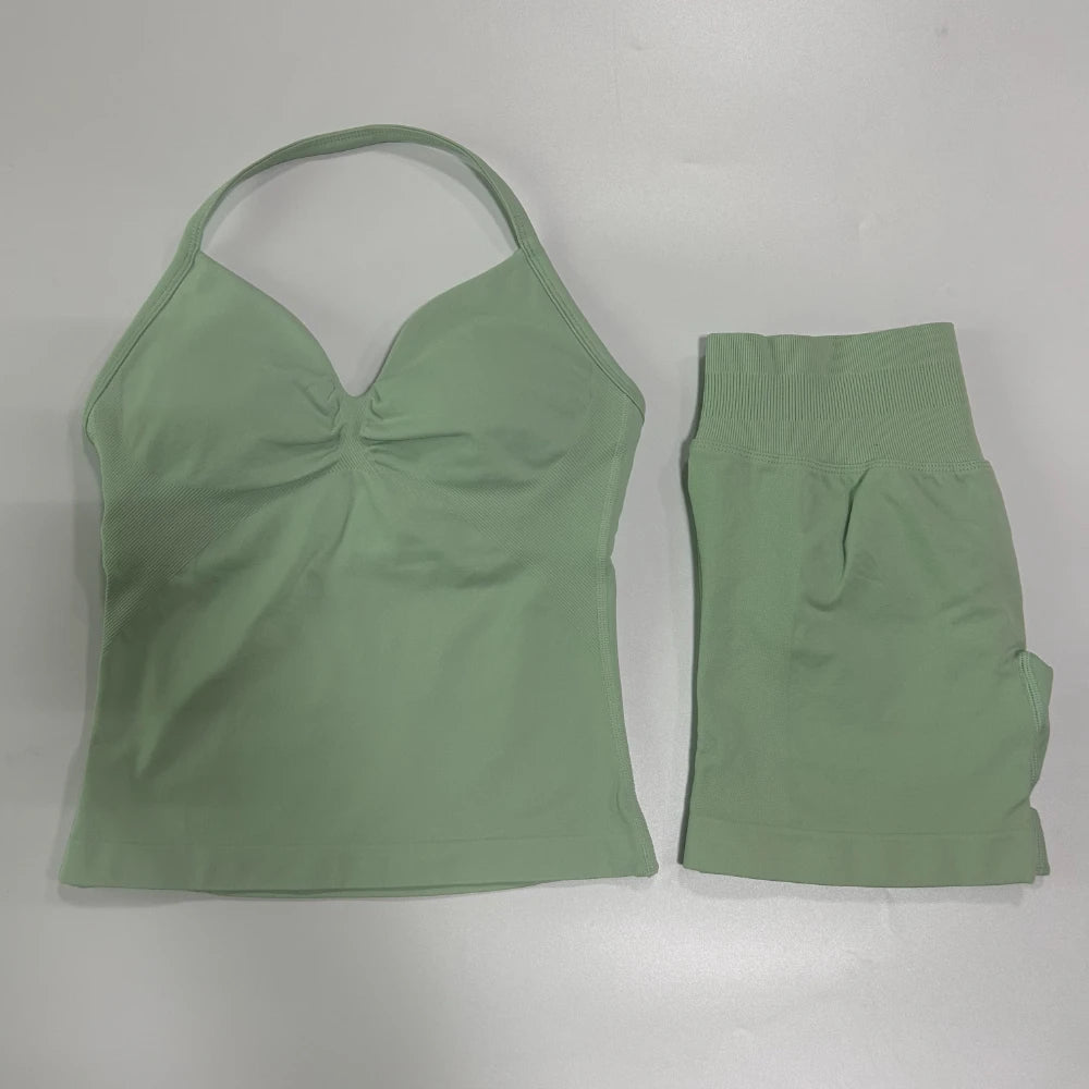 2Pcs Gym Set Women Backless Tank Tops High Waist Scrunch Seamless Shorts