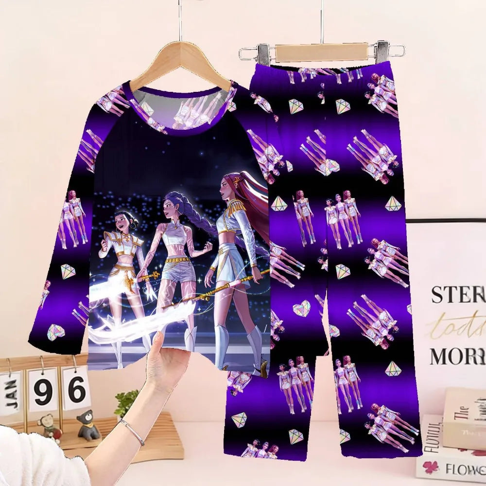 KPop Demon Hunters Huntrix Kids Pajamas Set Long Sleeve Girls Clothing 2pcs Children's Sleepwear Cartoon Boys Nightwear 3-14Y