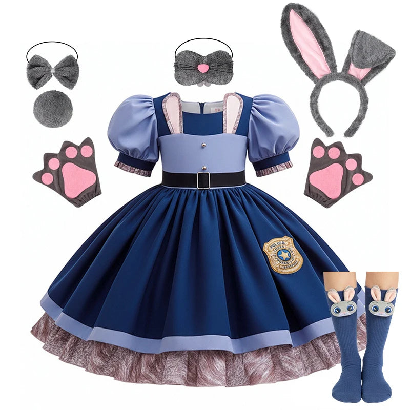 Girl Cosplay Disney Judy Hopps Police Officer Dress Zootopia Bunny Costume Kids Dress Up Halloween Rabbit Dress Outfits