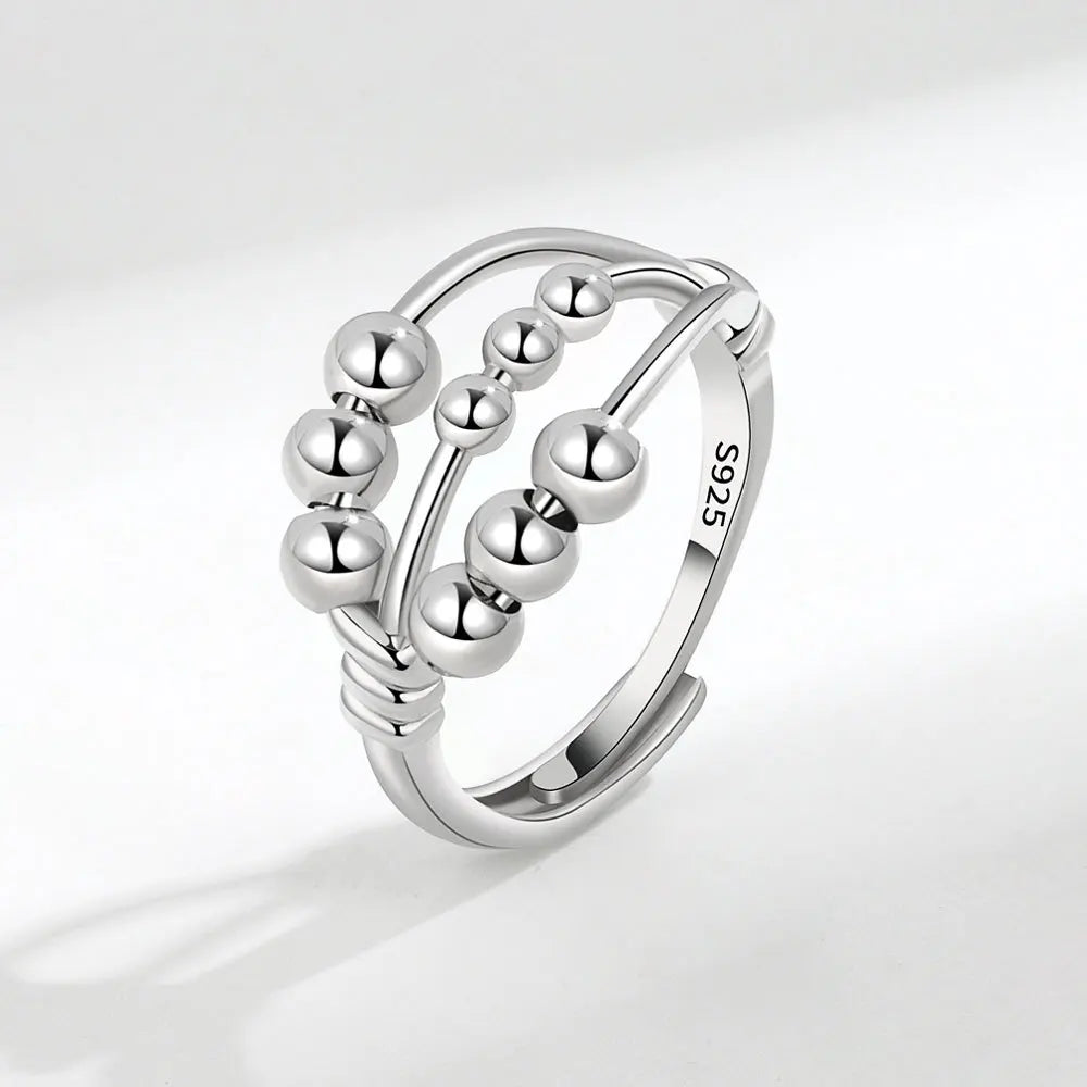 Vintage Round Beads Rotating Anti Stress Ring For Women Twisted Fidget Metal Spinner Anxiety Relief Spinning Ring Bague Femme