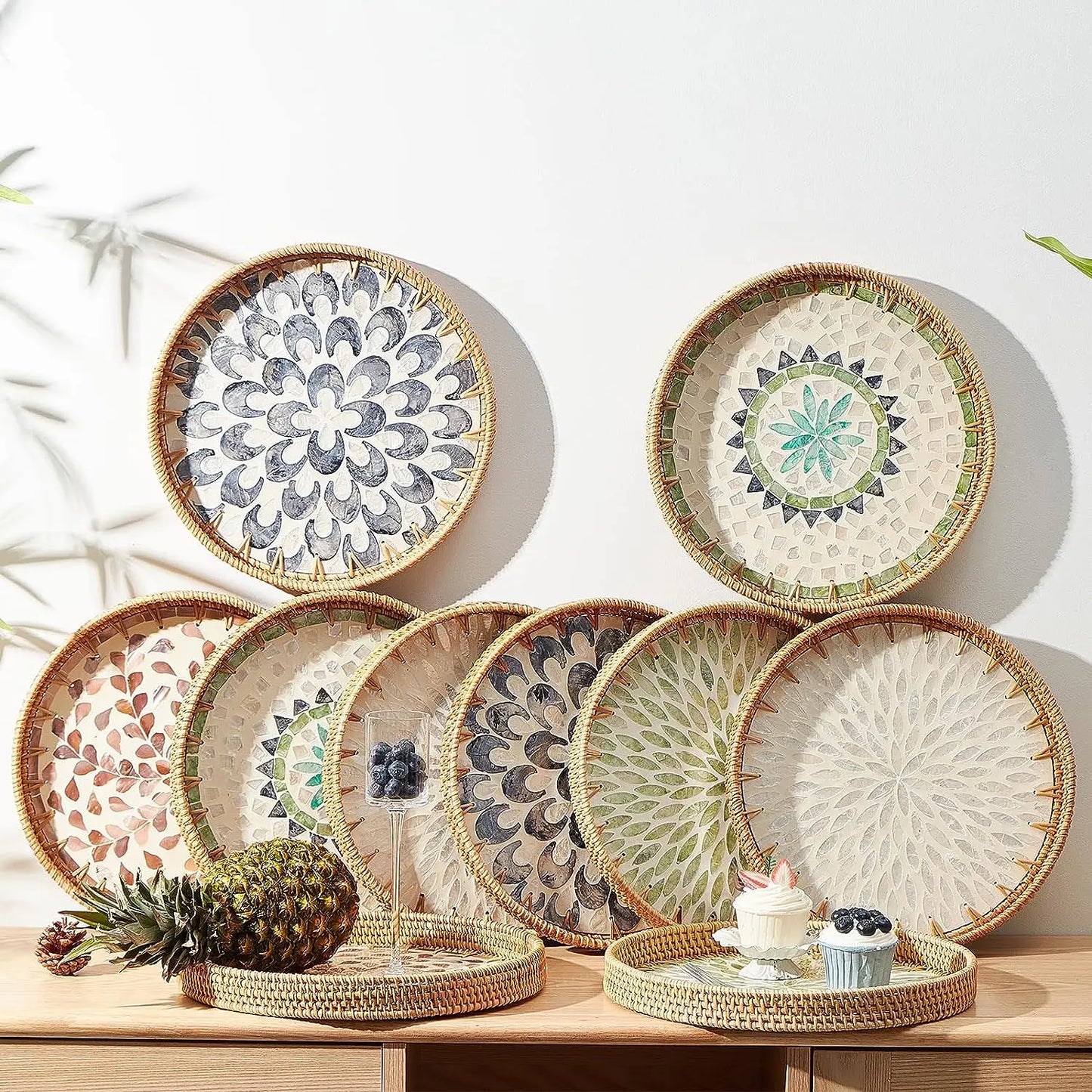 Round Rattan Tray with Mother of Pearl Inlay Rattan Serving Tray Wooden Base Storage and Display of Coffee Bread Food Fruit