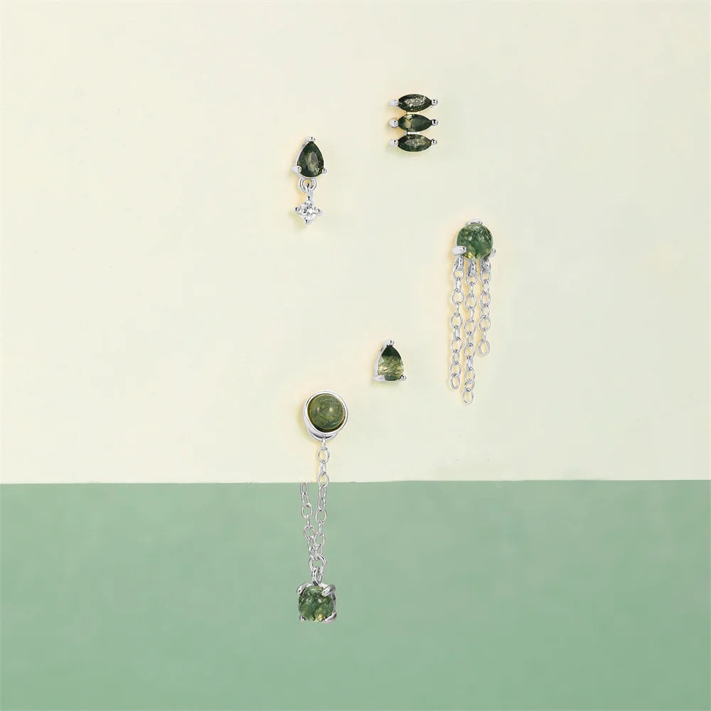 AIDE Water Grass Agate 925 Sterling Silver Flat Head Thread Piercing Earring Green Moss Piercing Ear Bone Earring Jewelry 1pc
