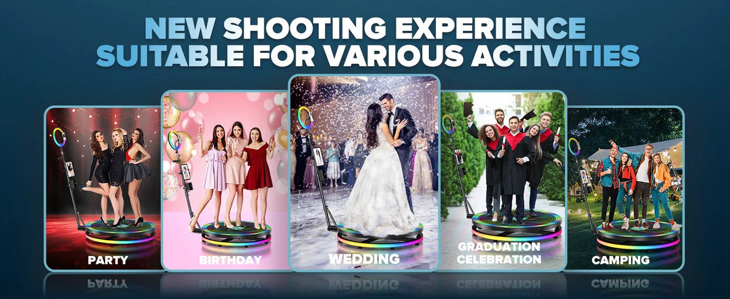 360 Photo Booth Automatic Rotating Photo Booth Machine Ring Light for Party Wedding Rental with RGB Light & Flight Case
