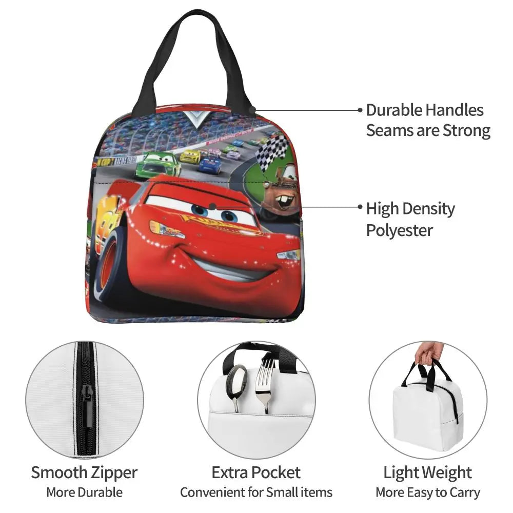 Custom Car 95 Lightning Mcqueen Insulated Lunch Bag for Women Resuable Racing Car Thermal Cooler Bento Box Office Picnic Travel
