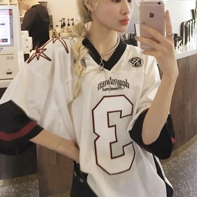 Silver 2024 New Summer Retro Number 3 Jersey for Women Street Contrasting Patchwork Mesh V-neck Oversize Short Sleeved T-shirt