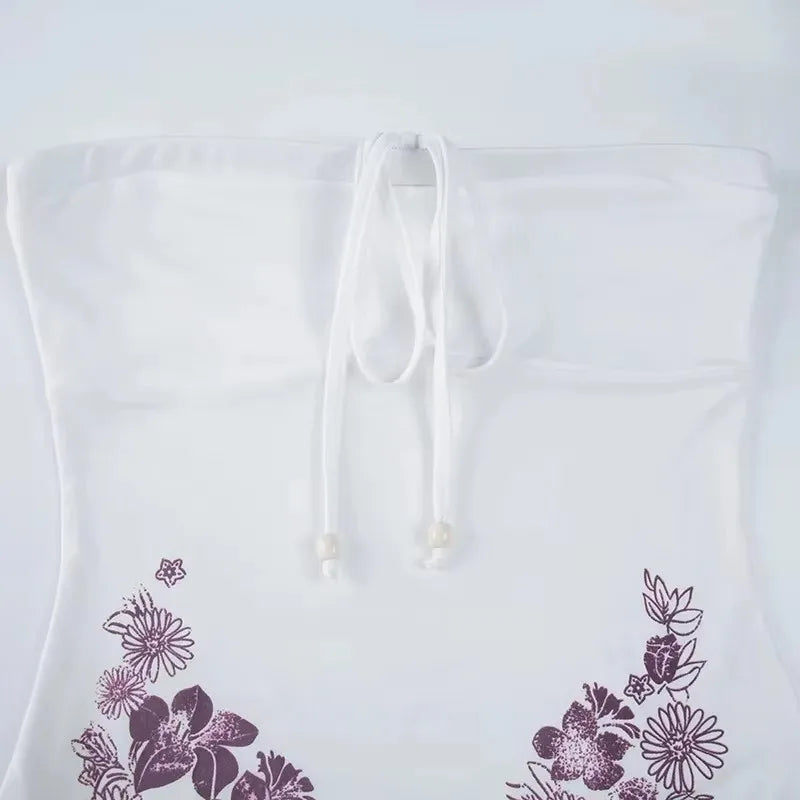 Summer vacation style women's strapless camisole top with bow tie and lace up print, fashionable strapless vest