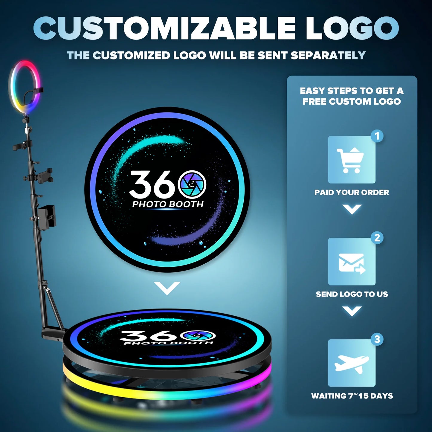 360 Photo Booth Automatic Rotating Photo Booth Machine Ring Light for Party Wedding Rental with RGB Light & Flight Case