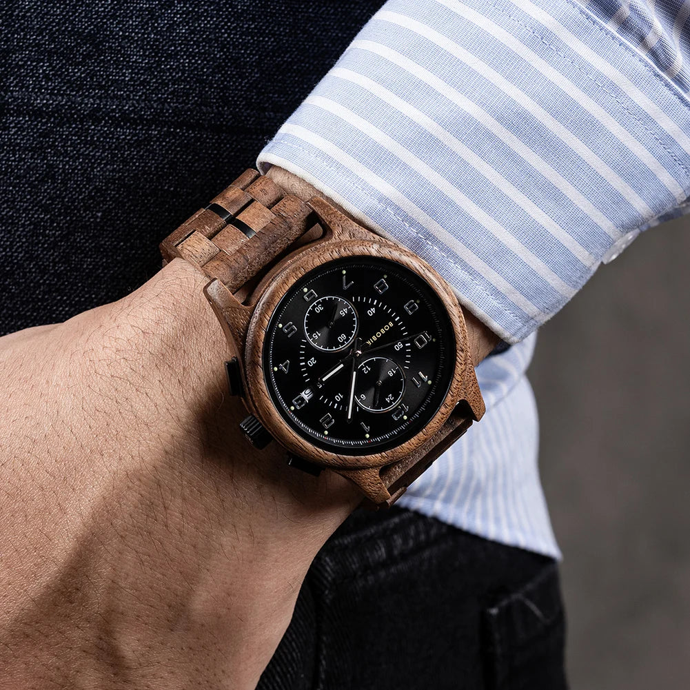 Wooden Watch for Men BOBO BIRD Chronograph Wristwatch with Luminous Hands Wood Watches Anniversary Gift for Him