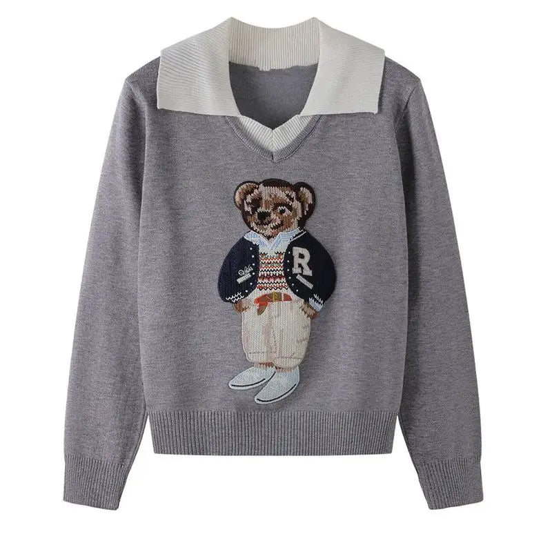 European Style Luxury Brand Loose O-Neck Bear Pullover Tops Knitwear Woman Short Sleeve T-shirt Ladies Wool Knitted Sweater