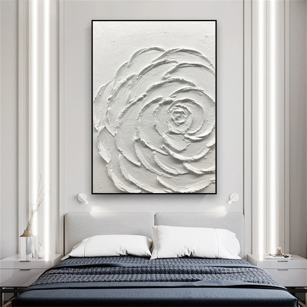 White Textured Flower Painting Poster Heavy Textured Minimalist Wall Art Canvas Painting Prints Home Living Room Decoration