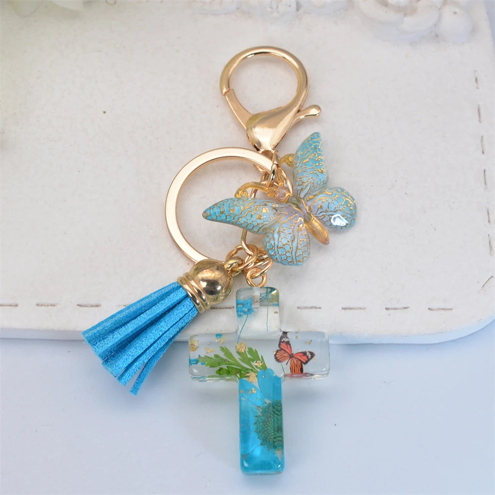 Exquisite Cross Butterfly Keychain Cute Resin Christian Cross Key Ring Purse Bag Pendant Car Key Accessories Women Party Gift