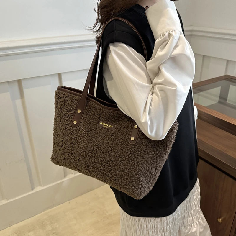 Soft Handbag Large Capacity Fall Winter Shoulder Bag Women Lamb Wool Tote Bag Zipper Closure Casual Shopping Traveling Tote