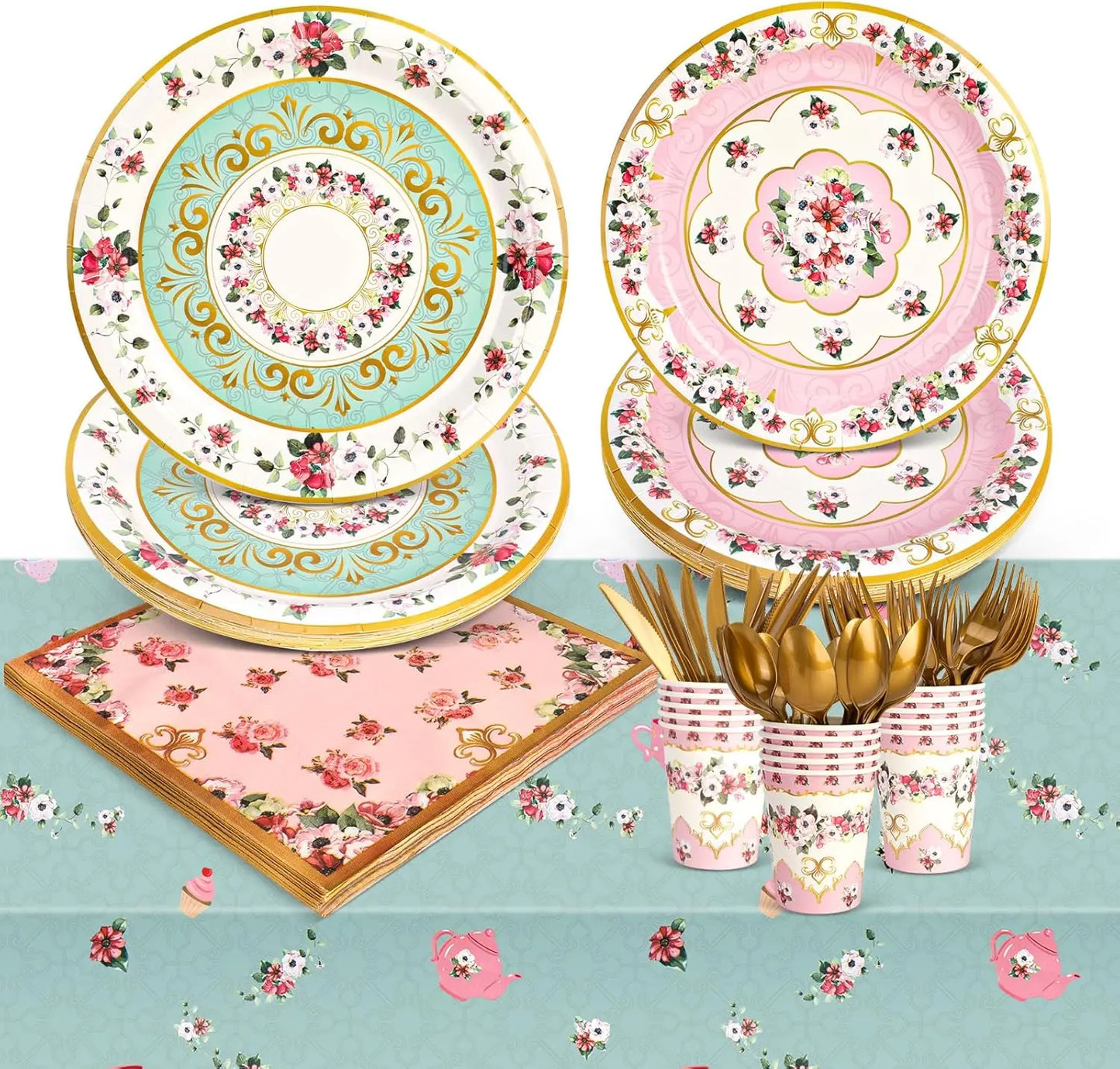 Tea Party Tableware Flower Paper Plate Napkin Cup Girl Birthday Tea Party Pink And Green Flower Decoration Disposable Tableware