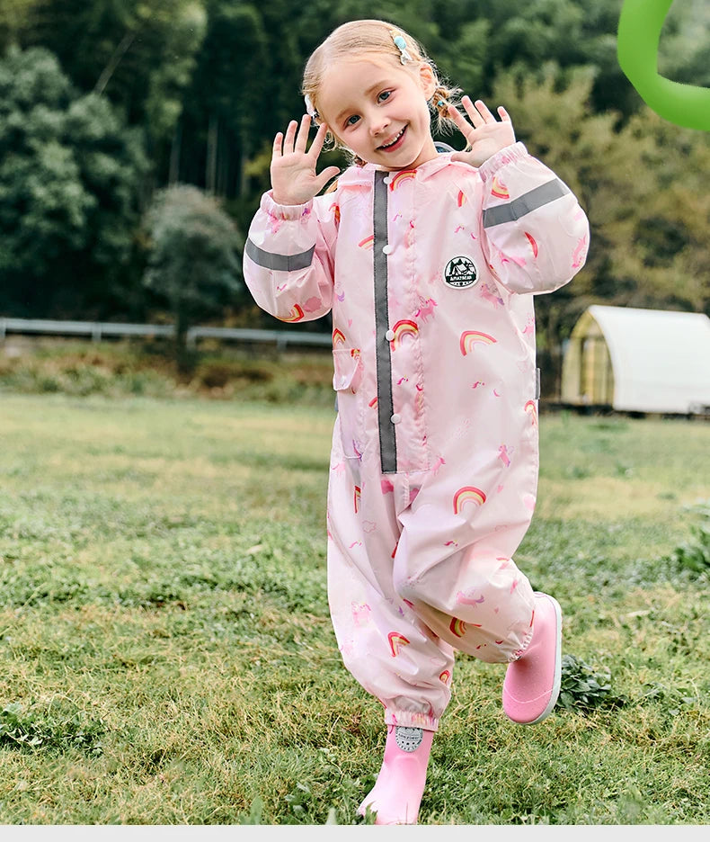 Camouflage Print Kids Raincoat With Visor Hood Reflective Strips Waterproof Toddler Cute Animal Outdoor Travel Coverall Raincoat