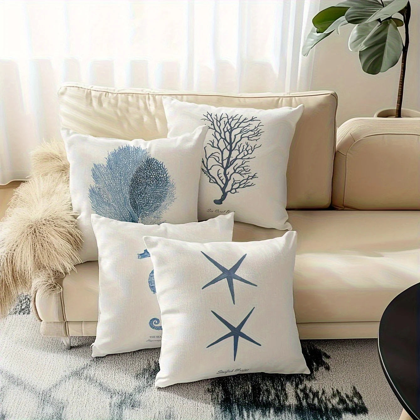 4Pcs Nautical Theme Pillow Covers - Vintage Sea Life Printed Square Cushion Covers for Beach House/Living Room